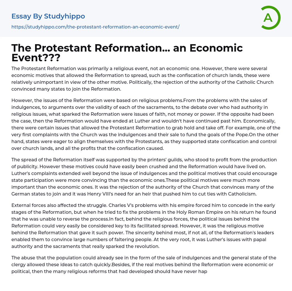 The Protestant Reformation… an Economic Event??? Essay Example