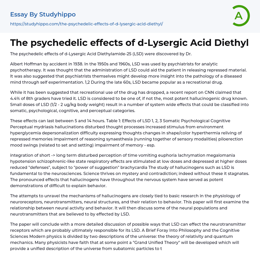 The psychedelic effects of d-Lysergic Acid Diethyl Essay Example