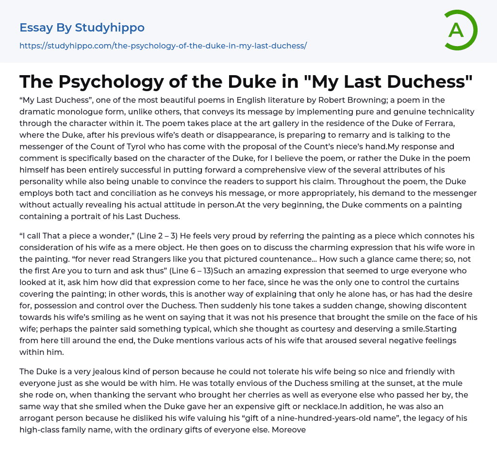 The Psychology of the Duke in “My Last Duchess” Essay Example