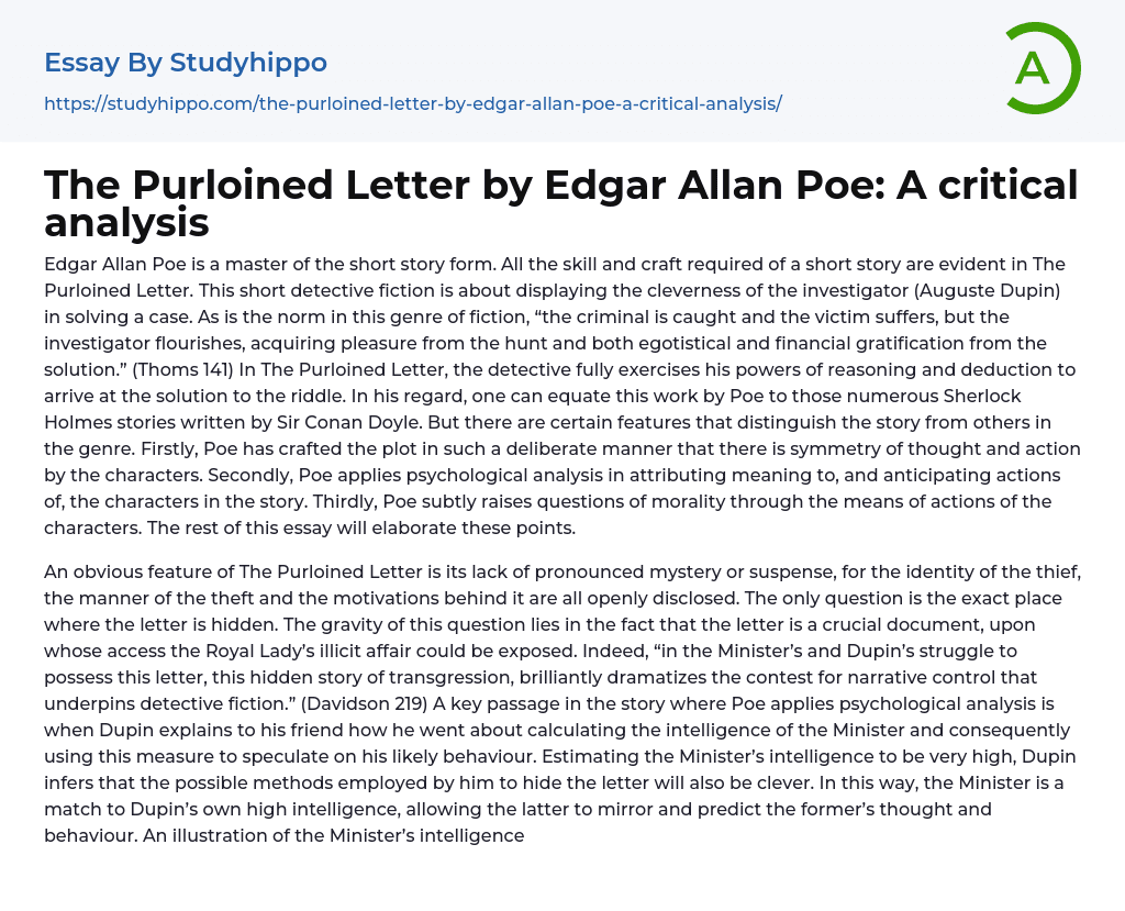 The Purloined Letter by Edgar Allan Poe: A critical analysis Essay Example