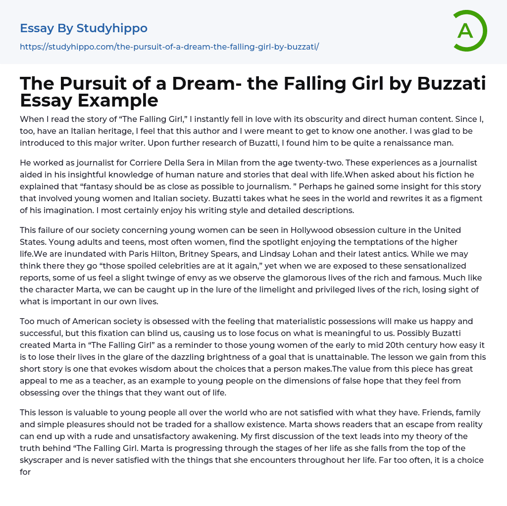 The Pursuit of a Dream- the Falling Girl by Buzzati Essay Example