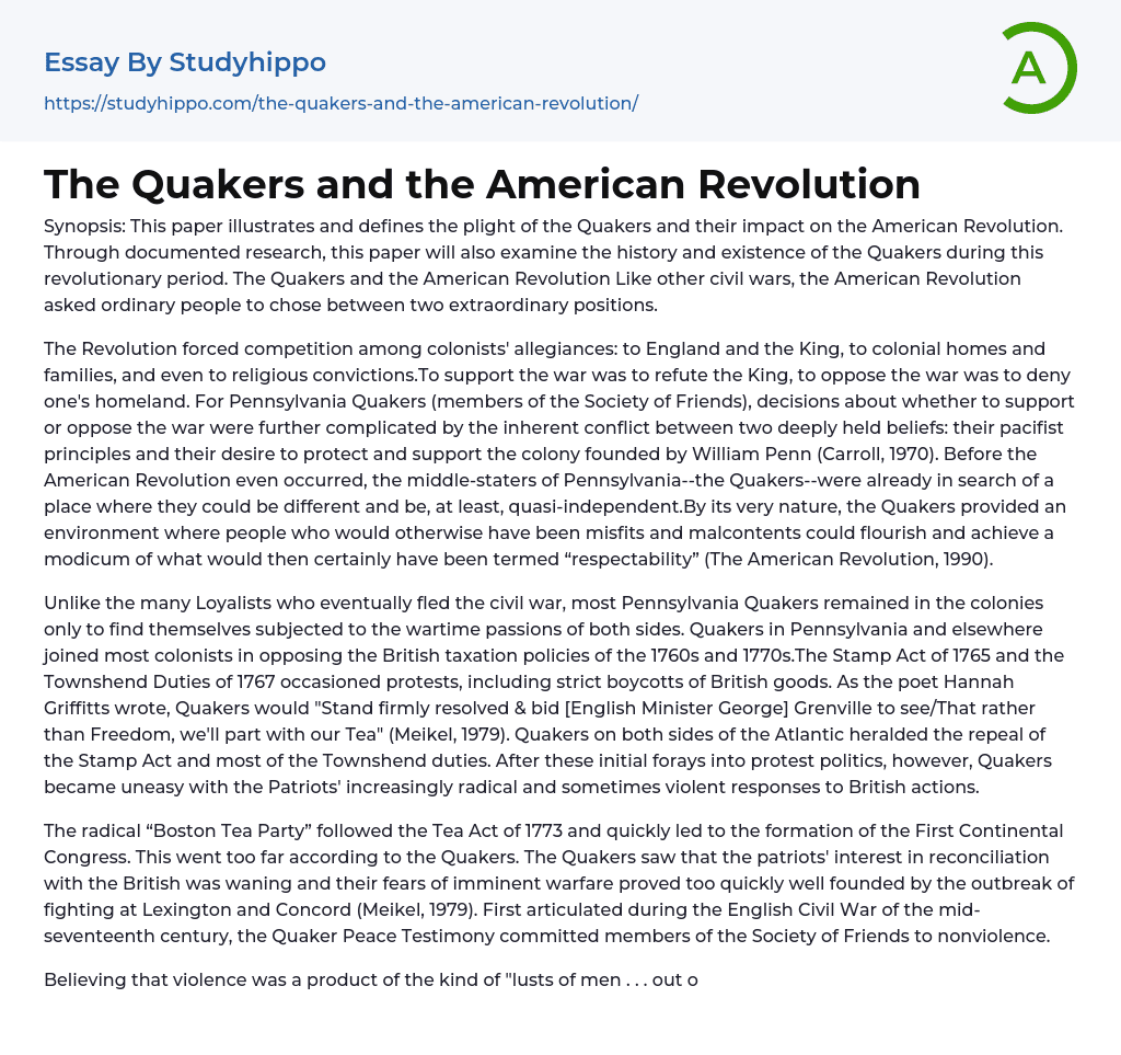 The Quakers and the American Revolution Essay Example
