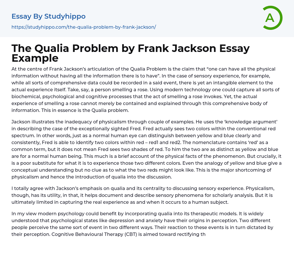 The Qualia Problem by Frank Jackson Essay Example