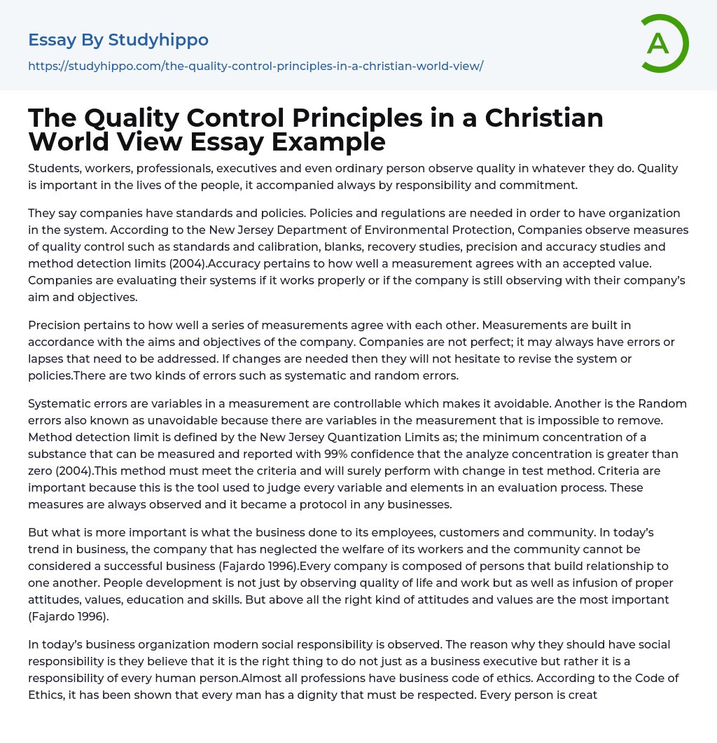 The Quality Control Principles in a Christian World View Essay Example