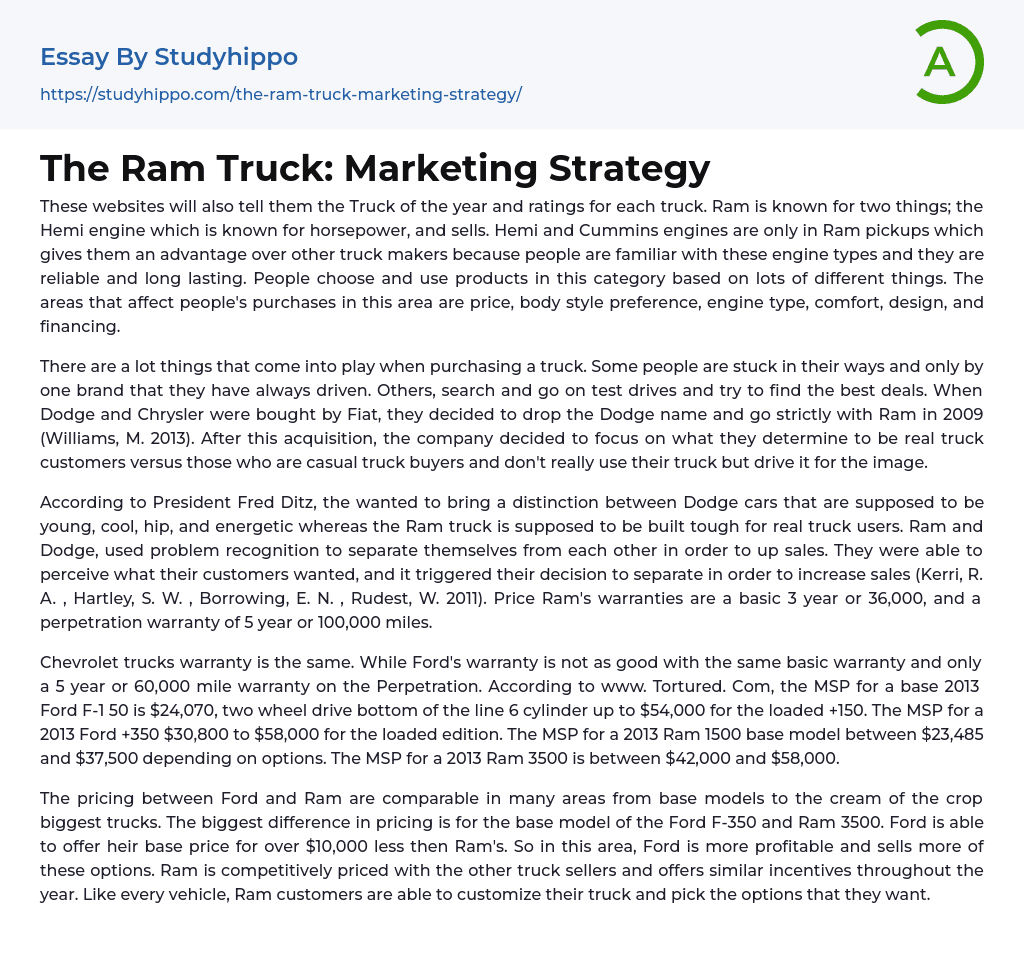 The Ram Truck: Marketing Strategy Essay Example