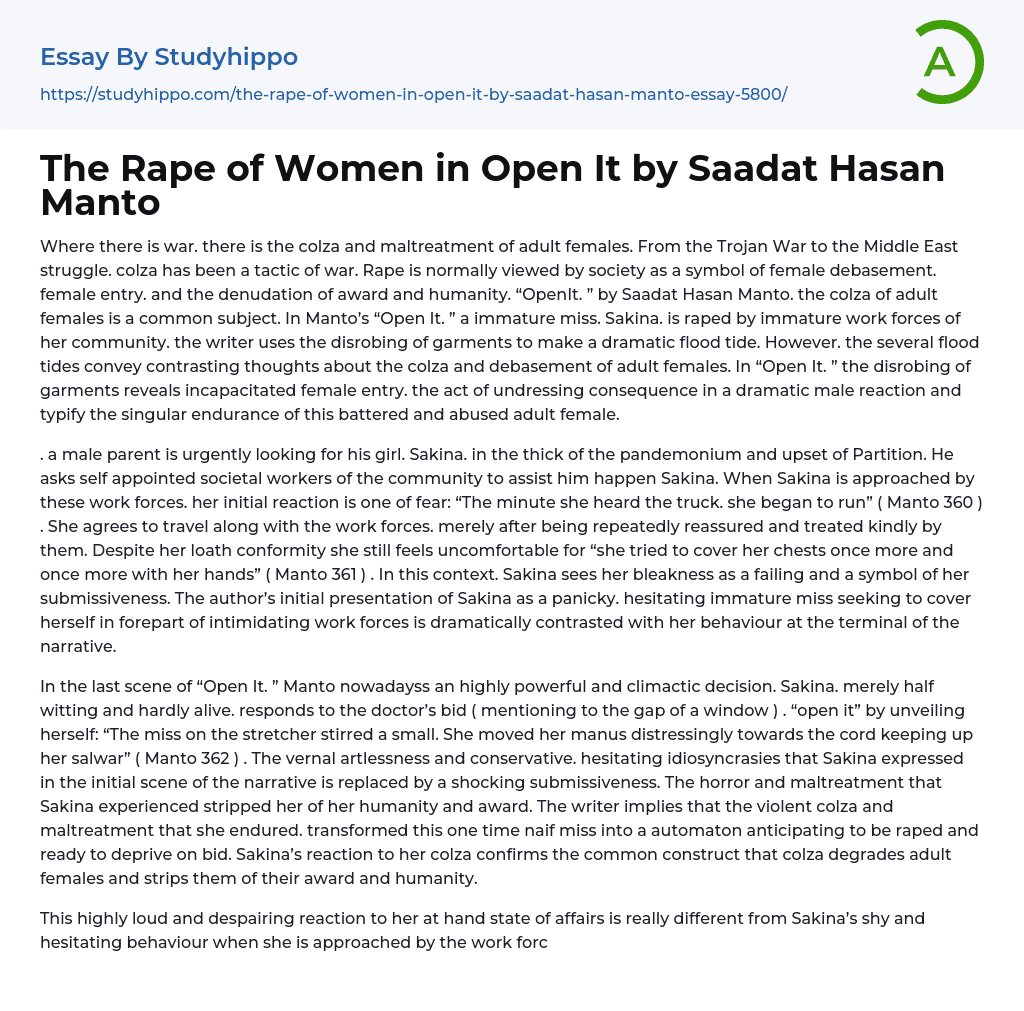 The Rape of Women in Open It by Saadat Hasan Manto Essay Example