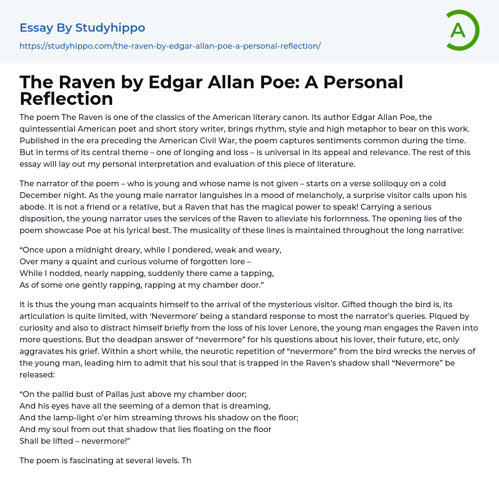 The Raven by Edgar Allan Poe: A Personal Reflection Essay Example
