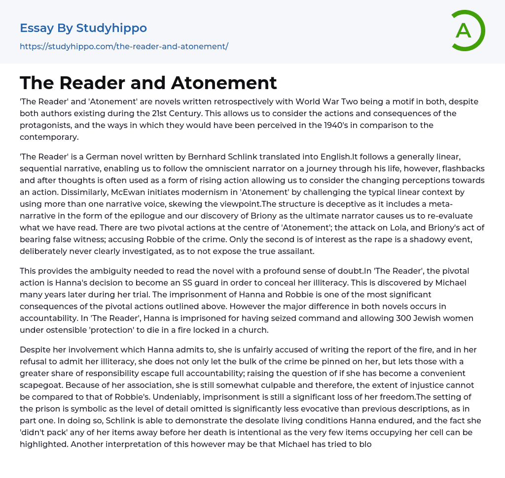 The Reader and Atonement Essay Example