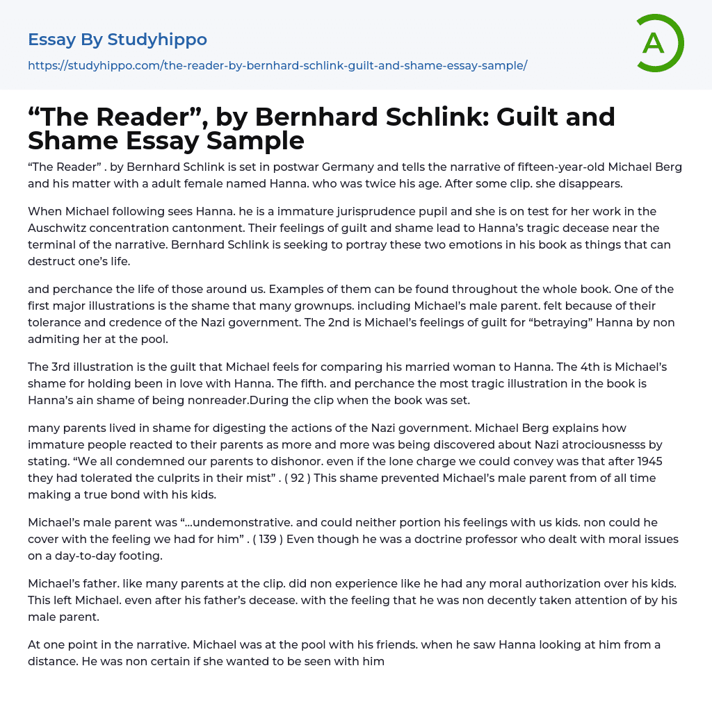 “The Reader”, by Bernhard Schlink: Guilt and Shame Essay Sample