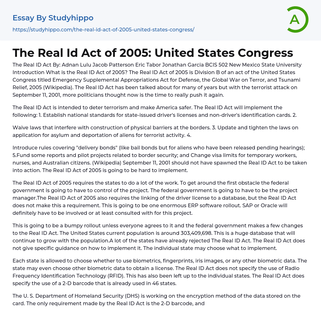 The Real Id Act of 2005: United States Congress Essay Example