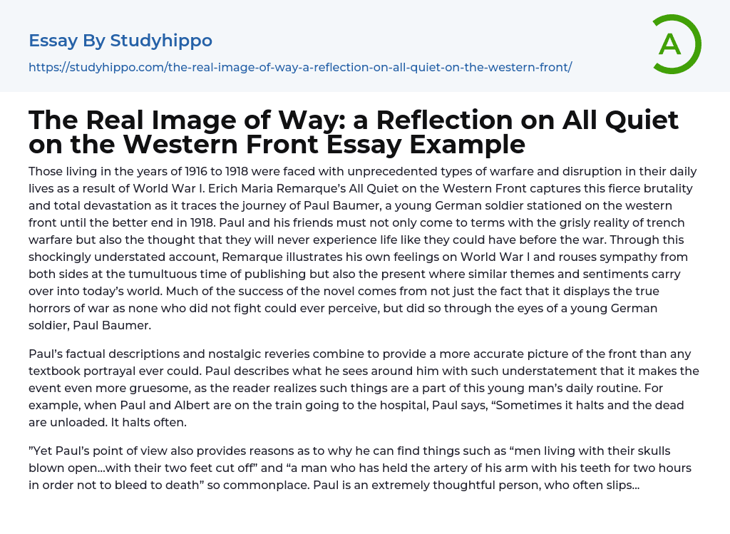 The Real Image of Way: a Reflection on All Quiet on the Western Front Essay Example