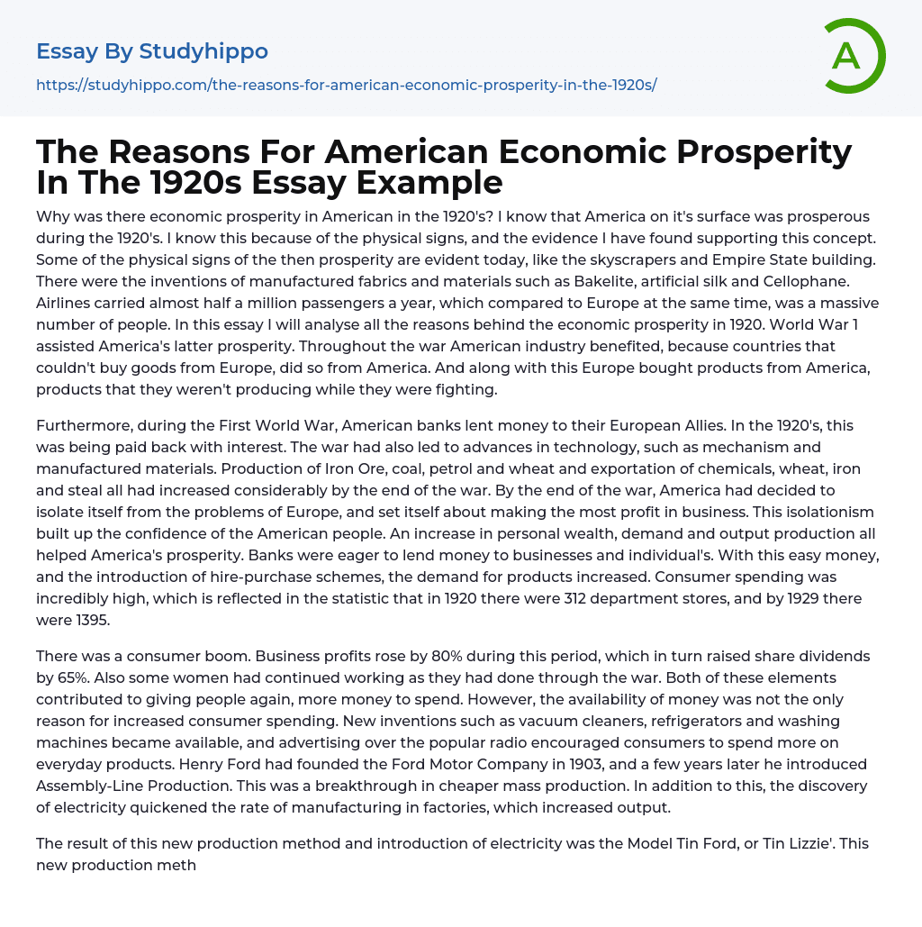 The Reasons For American Economic Prosperity In The 1920s Essay Example