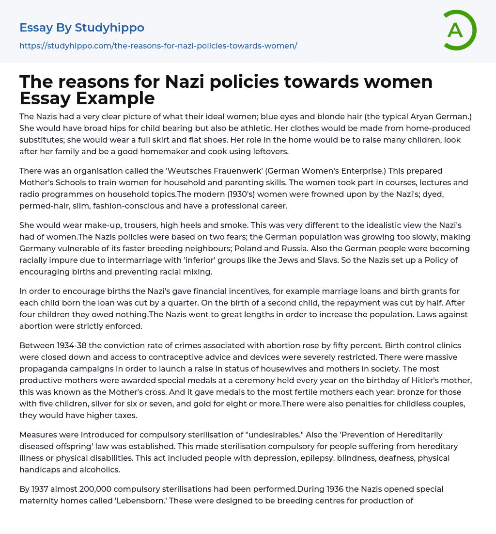 The reasons for Nazi policies towards women Essay Example