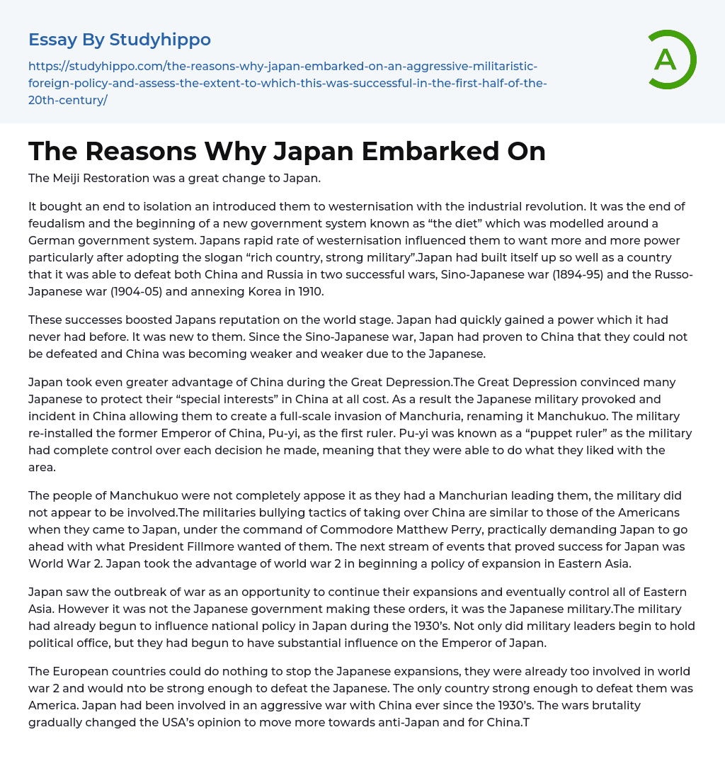 The Reasons Why Japan Embarked On Essay Example