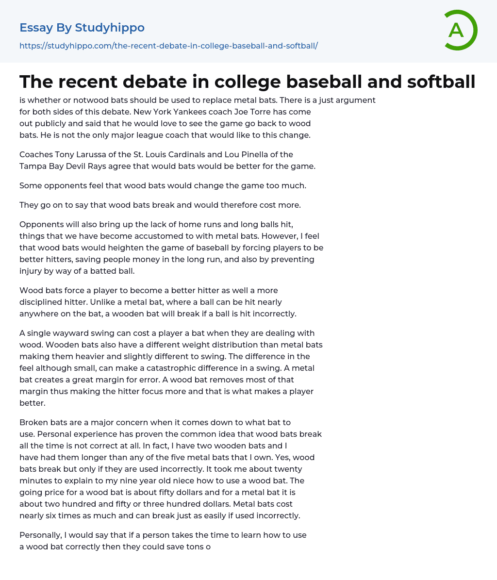 The recent debate in college baseball and softball Essay Example