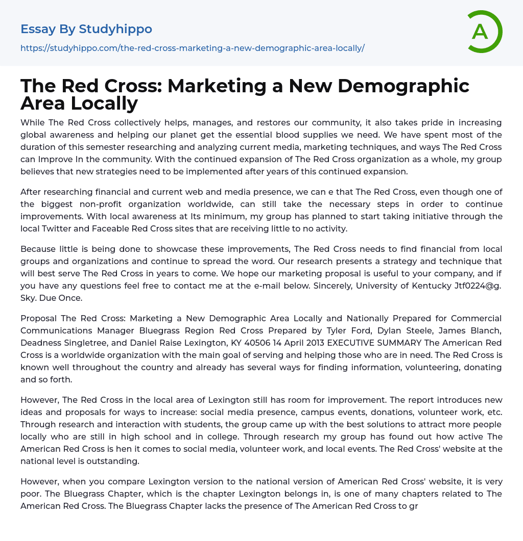 The Red Cross: Marketing a New Demographic Area Locally Essay Example