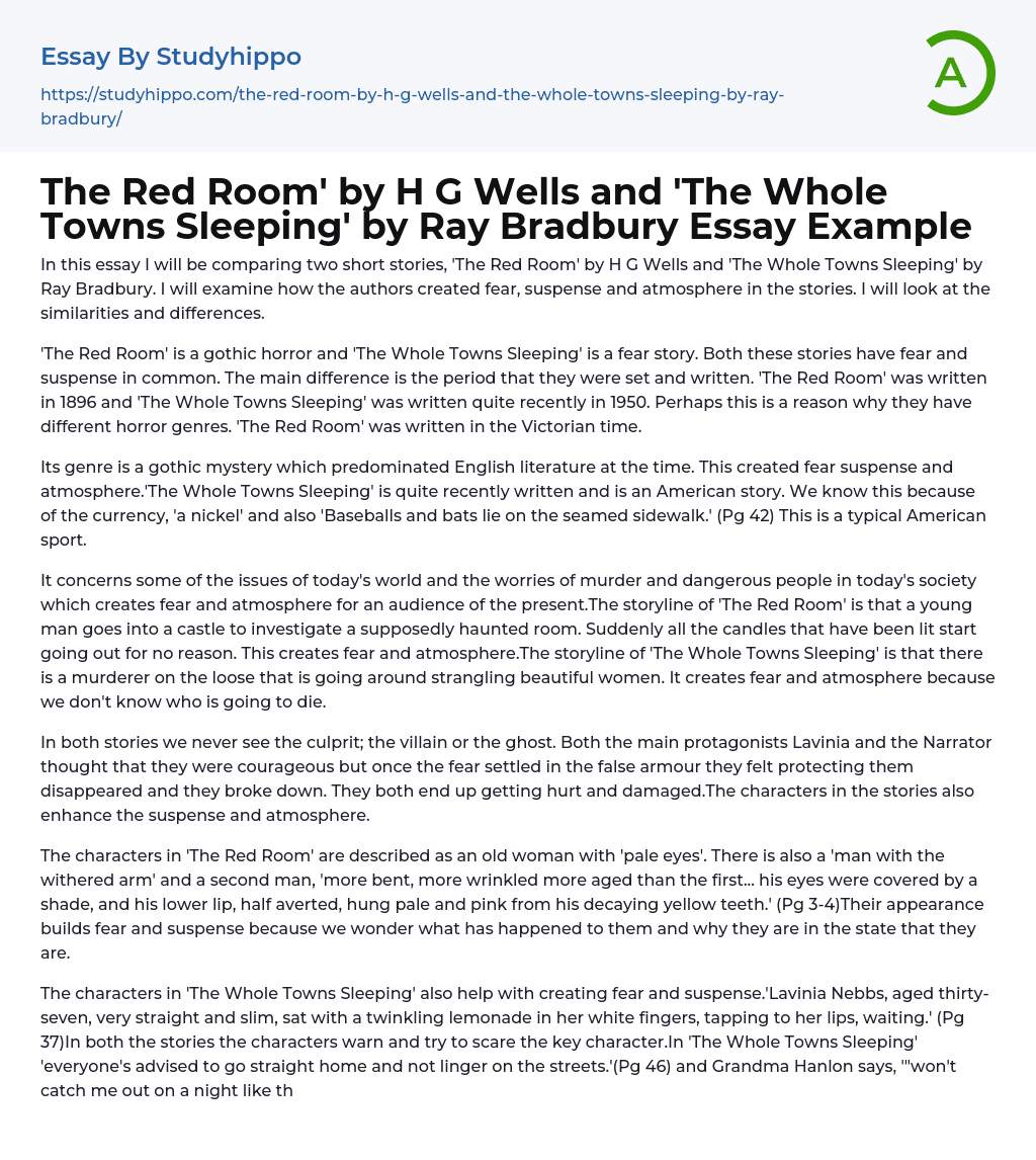 The Red Room’ by H G Wells and ‘The Whole Towns Sleeping’ by Ray Bradbury Essay Example