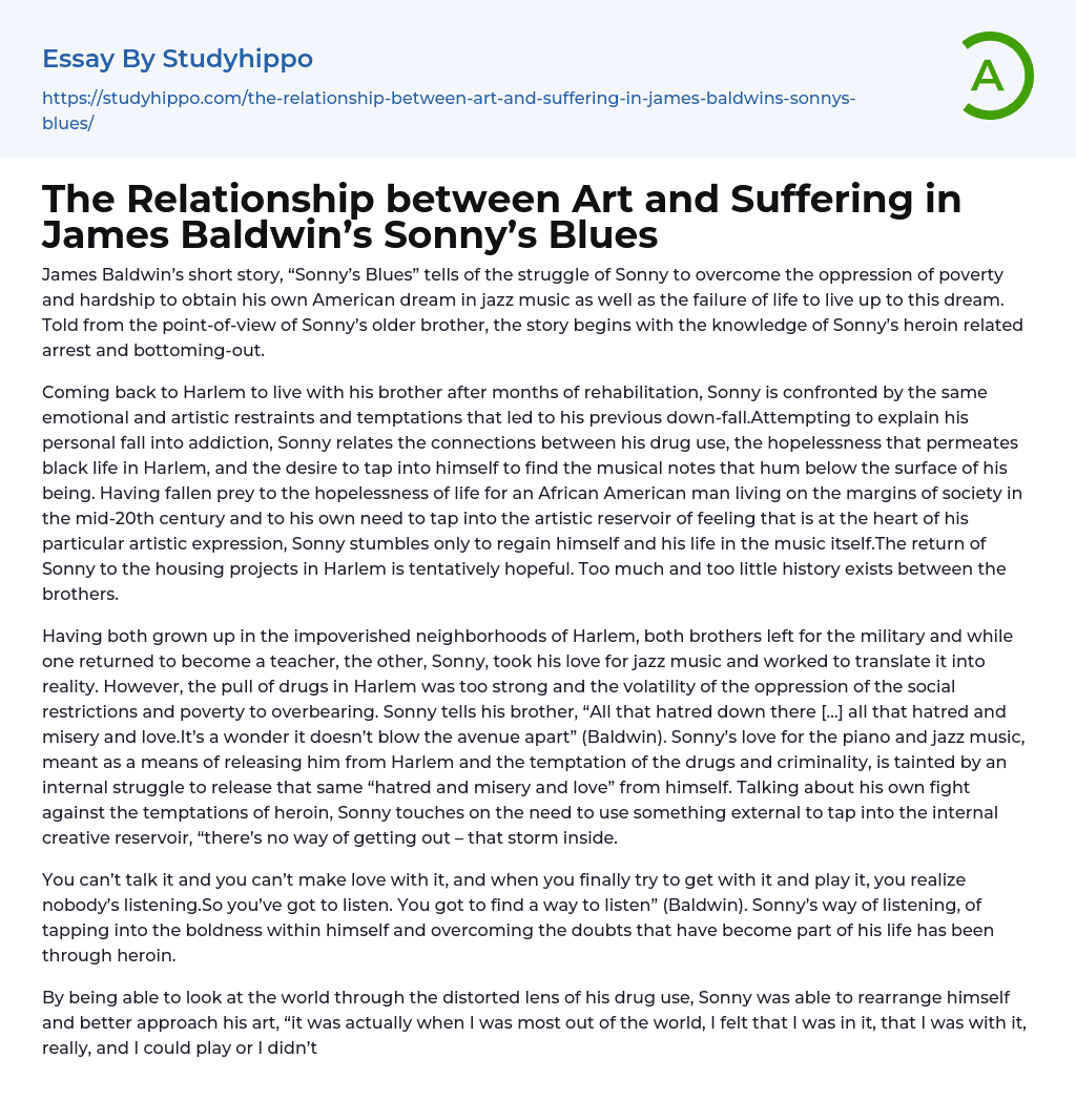 The Relationship between Art and Suffering in James Baldwin’s Sonny’s Blues Essay Example