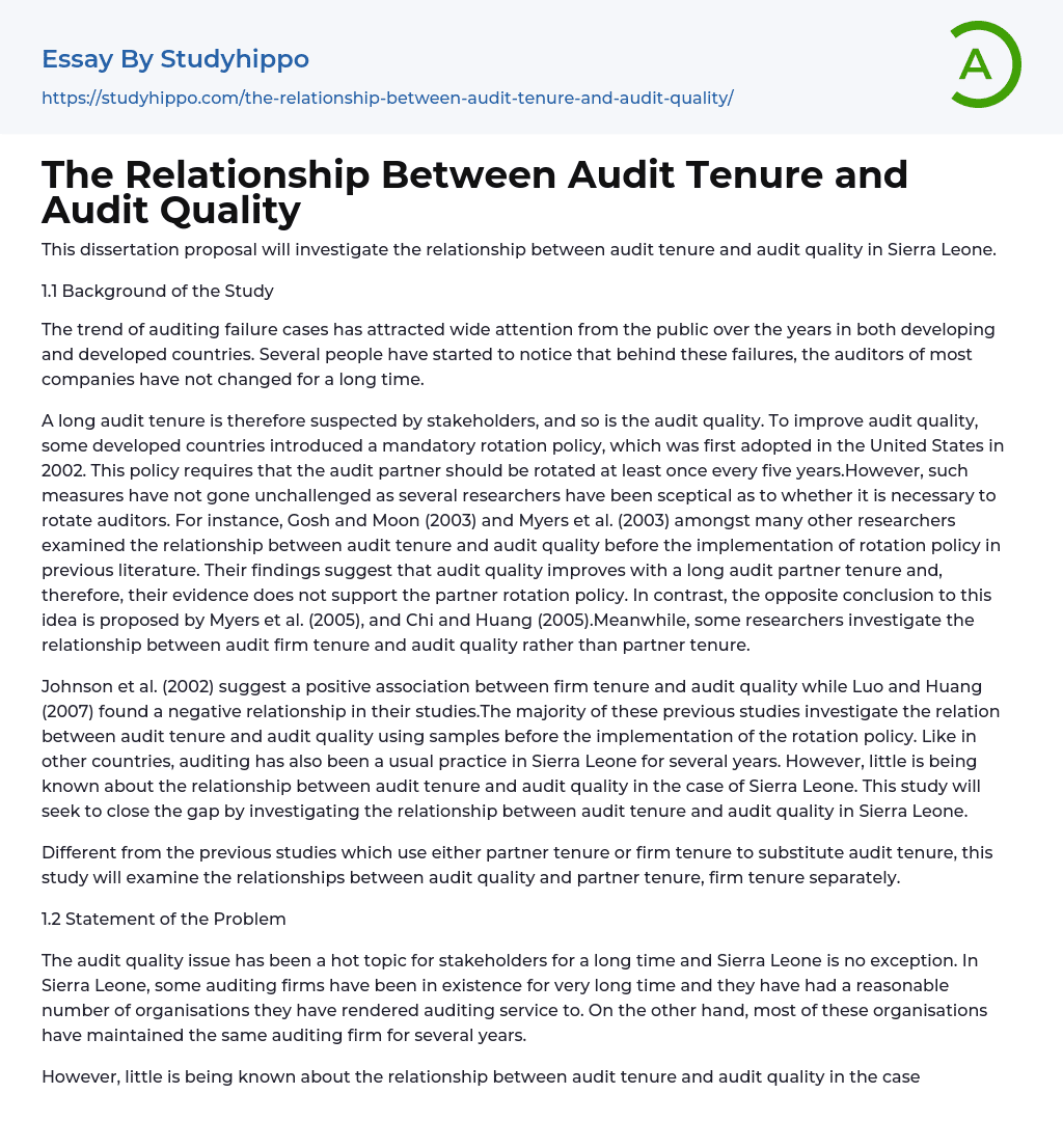 The Relationship Between Audit Tenure and Audit Quality Essay Example