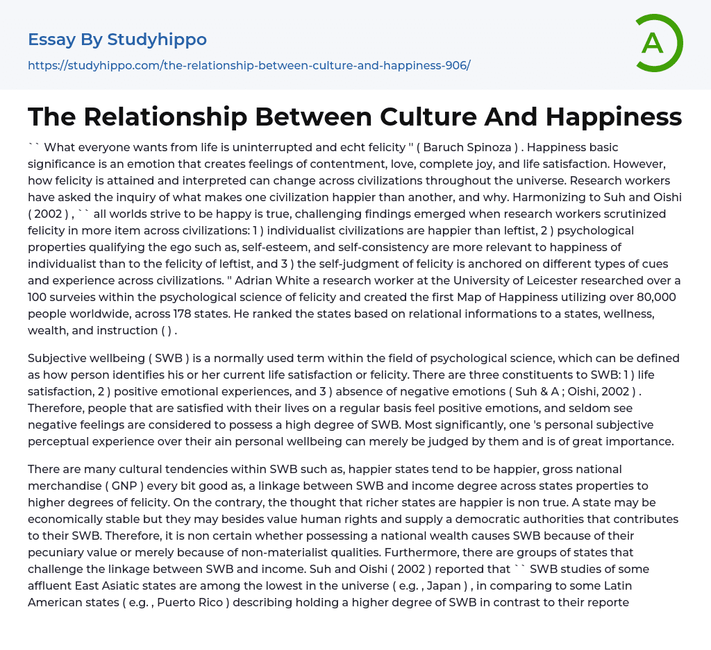 The Relationship Between Culture And Happiness Essay Example