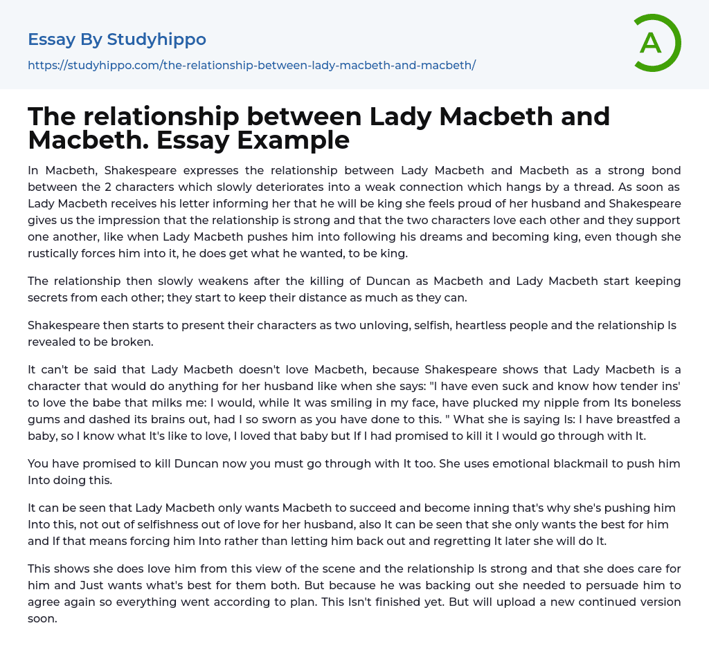 The relationship between Lady Macbeth and Macbeth. Essay Example