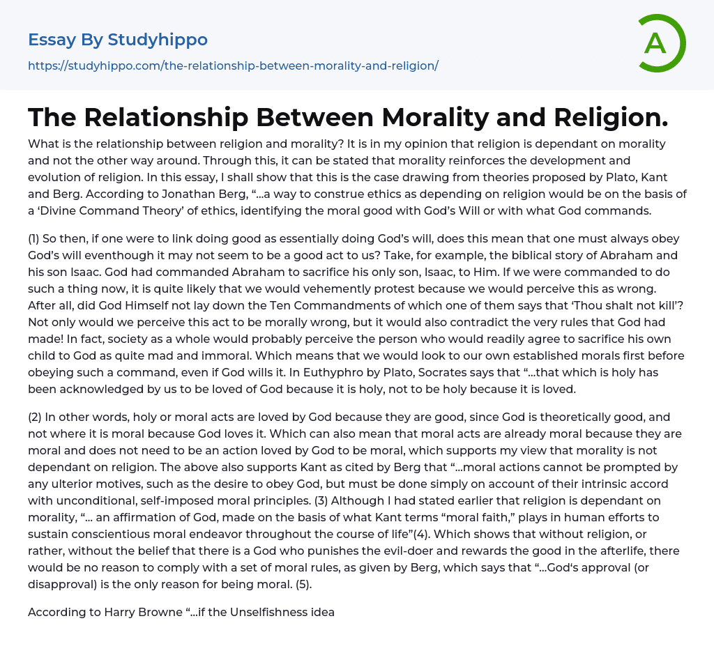 The Relationship Between Morality and Religion. Essay Example