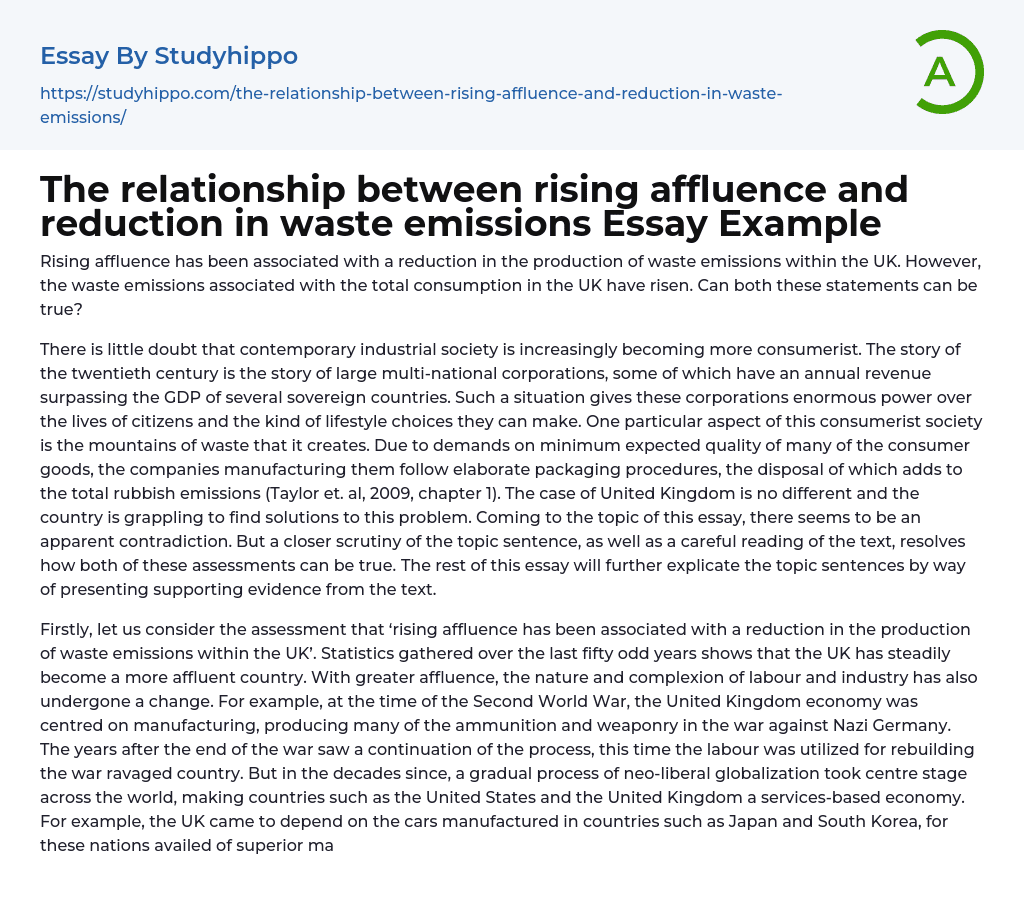 The relationship between rising affluence and reduction in waste emissions Essay Example