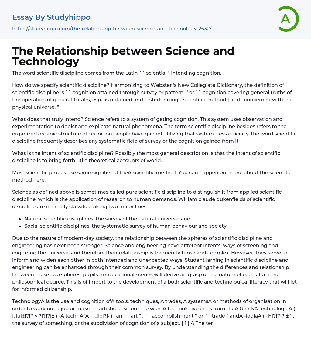 The Relationship between Science and Technology Essay Example