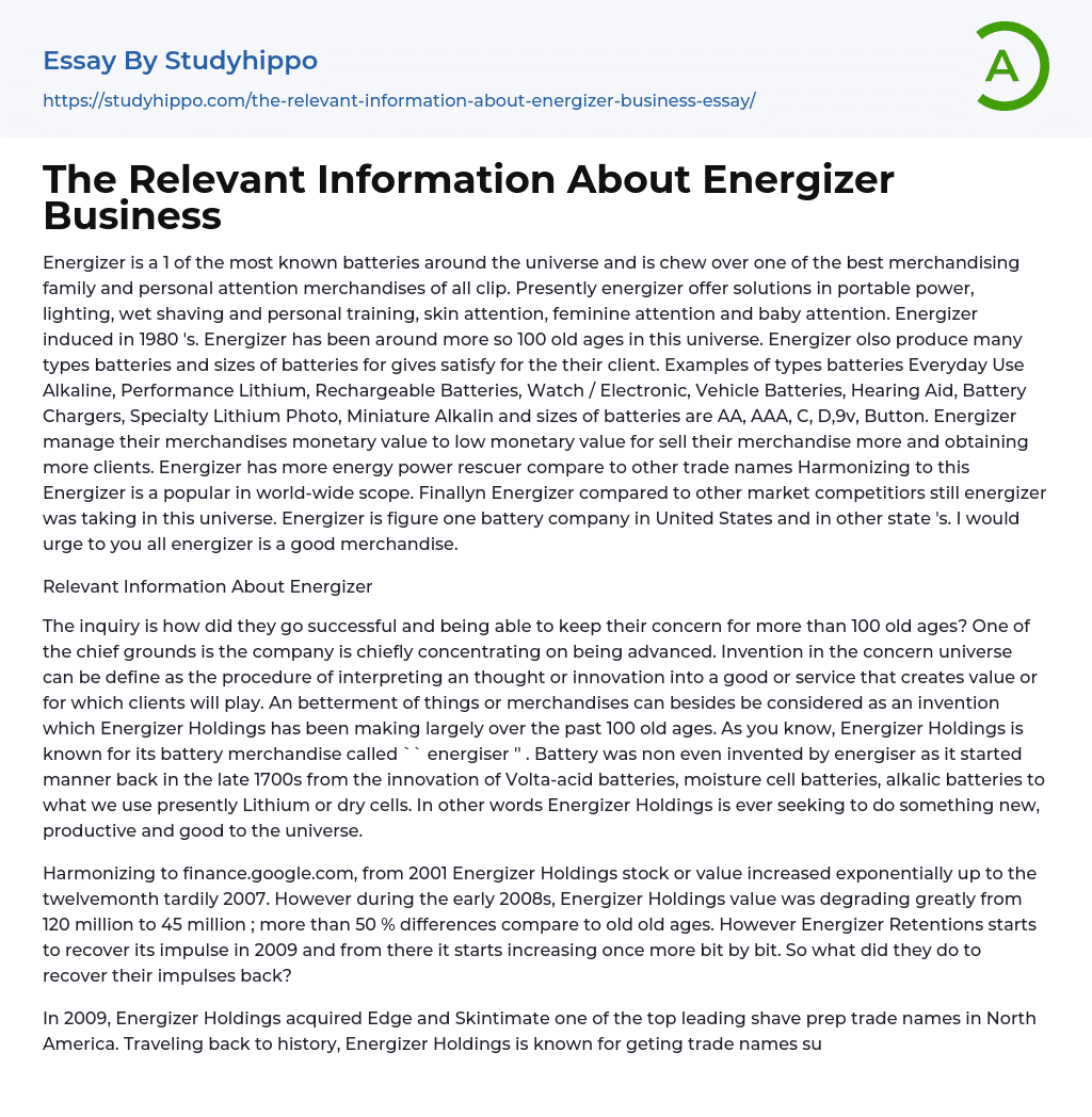 The Relevant Information About Energizer Business Essay Example