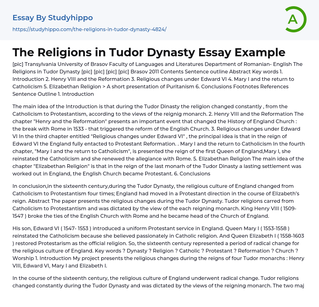The Religions in Tudor Dynasty Essay Example
