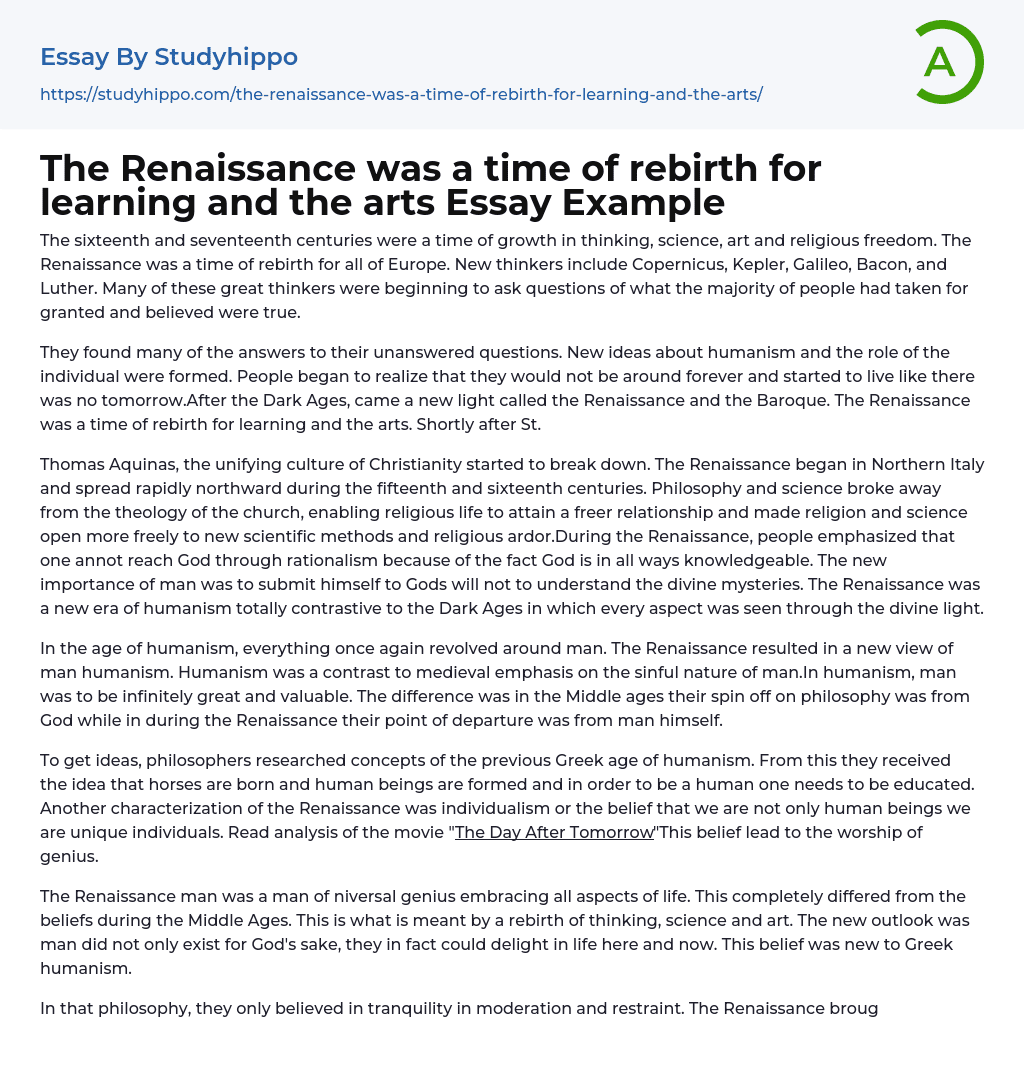 The Renaissance was a time of rebirth for learning and the arts Essay Example