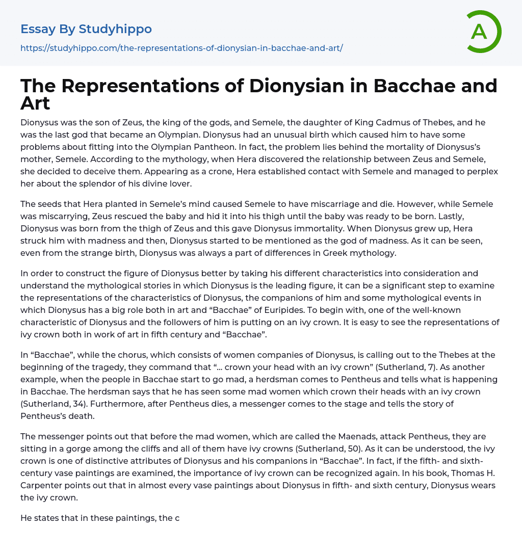 The Representations of Dionysian in Bacchae and Art Essay Example