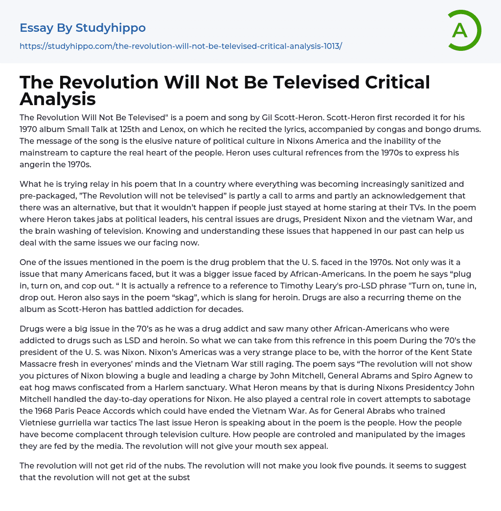 The Revolution Will Not Be Televised Critical Analysis Essay Example
