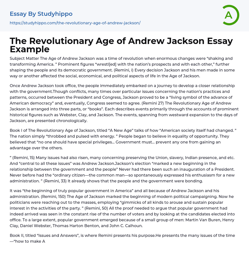 The Revolutionary Age of Andrew Jackson Essay Example
