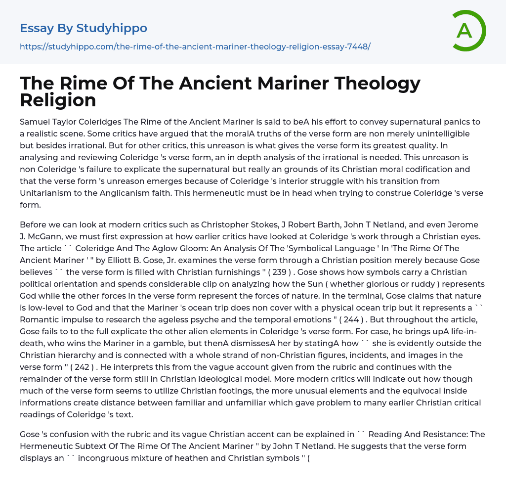 The Rime Of The Ancient Mariner Theology Religion Essay Example