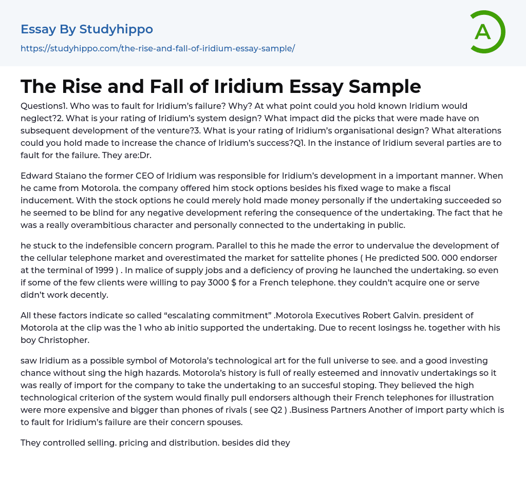 The Rise and Fall of Iridium Essay Sample