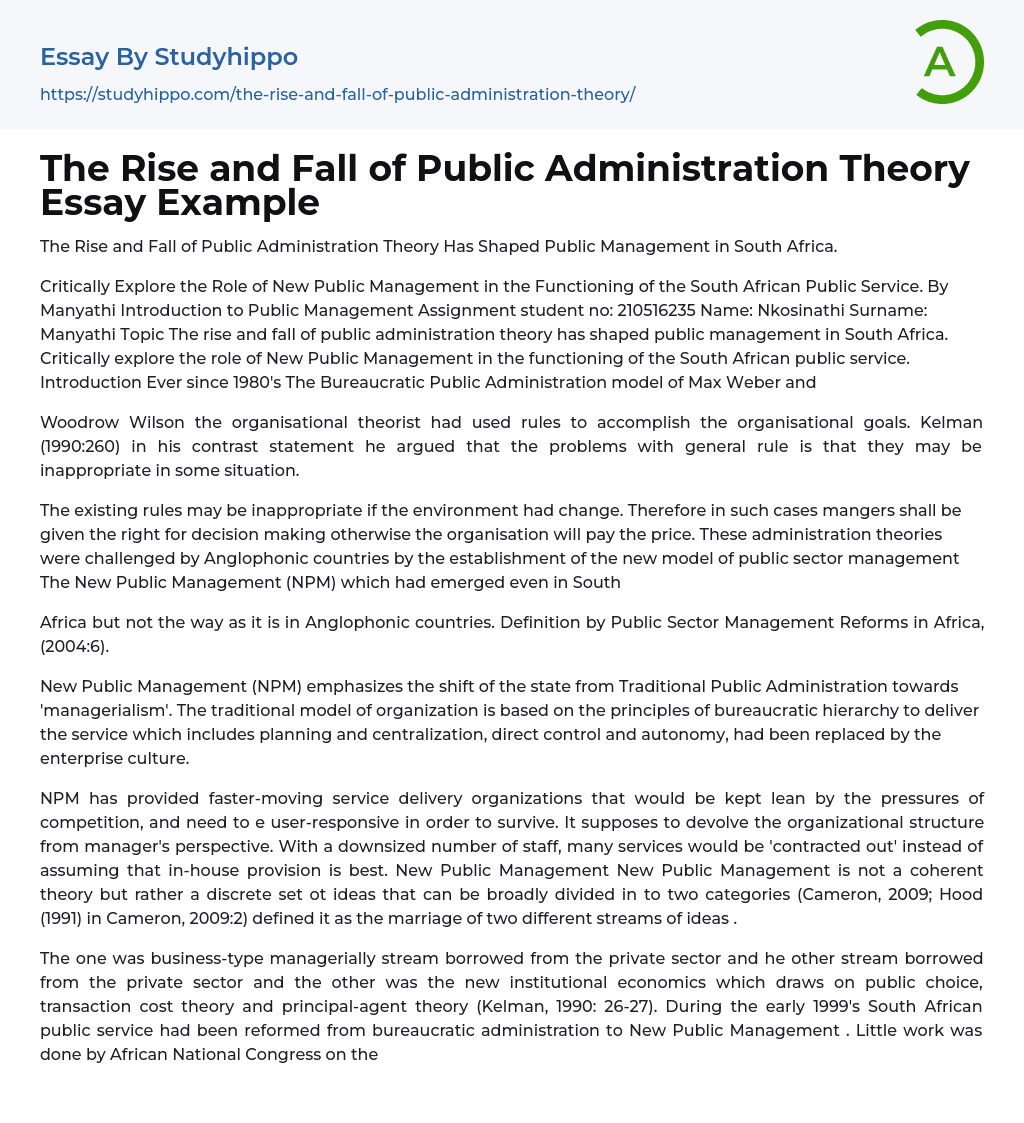 The Rise and Fall of Public Administration Theory Essay Example