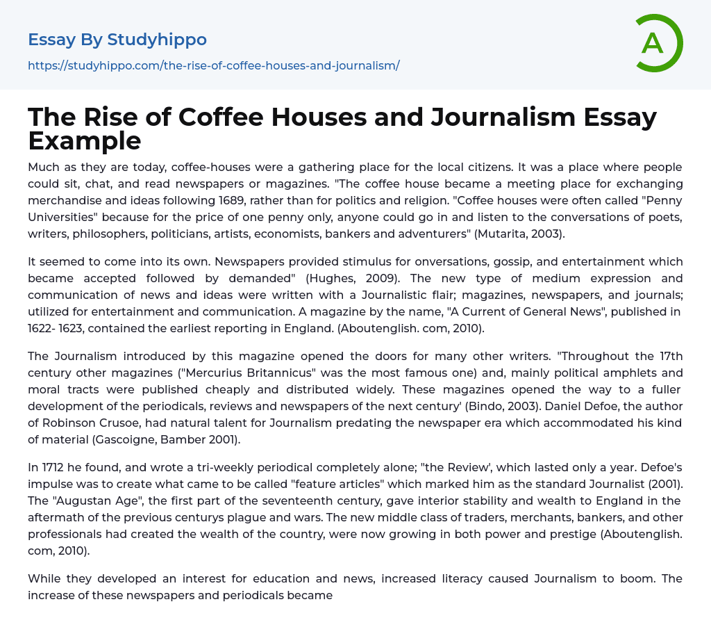The Rise of Coffee Houses and Journalism Essay Example