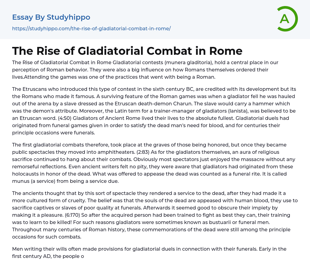 The Rise of Gladiatorial Combat in Rome Essay Example