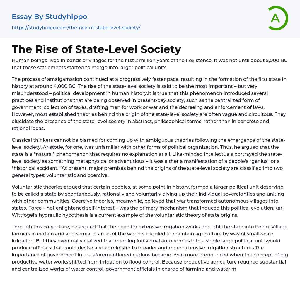 The Rise of State-Level Society Essay Example