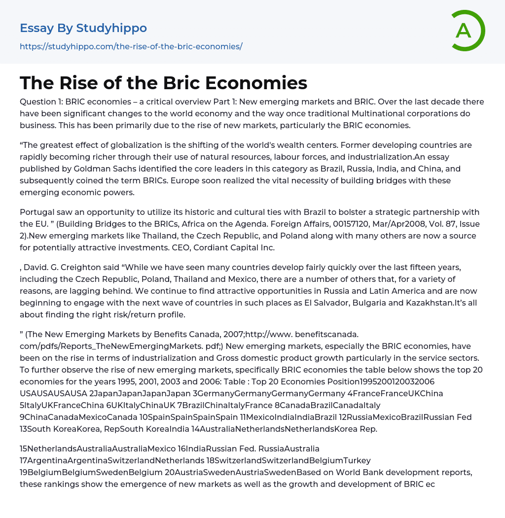 The Rise of the Bric Economies Essay Example