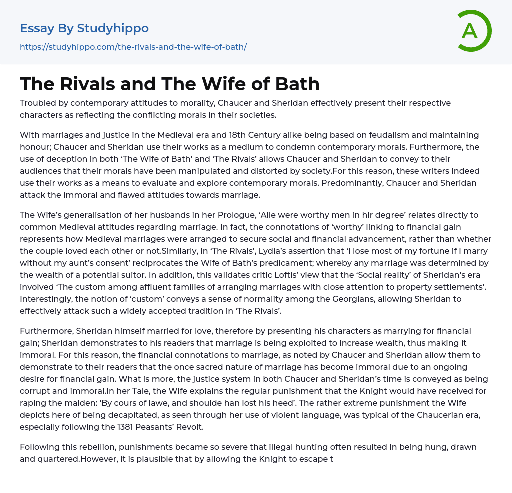 The Rivals and The Wife of Bath Essay Example