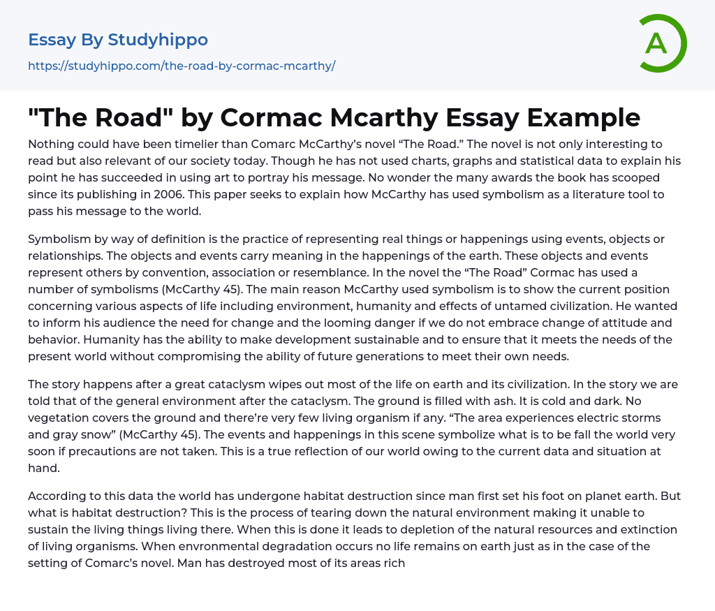“The Road” by Cormac Mcarthy Essay Example