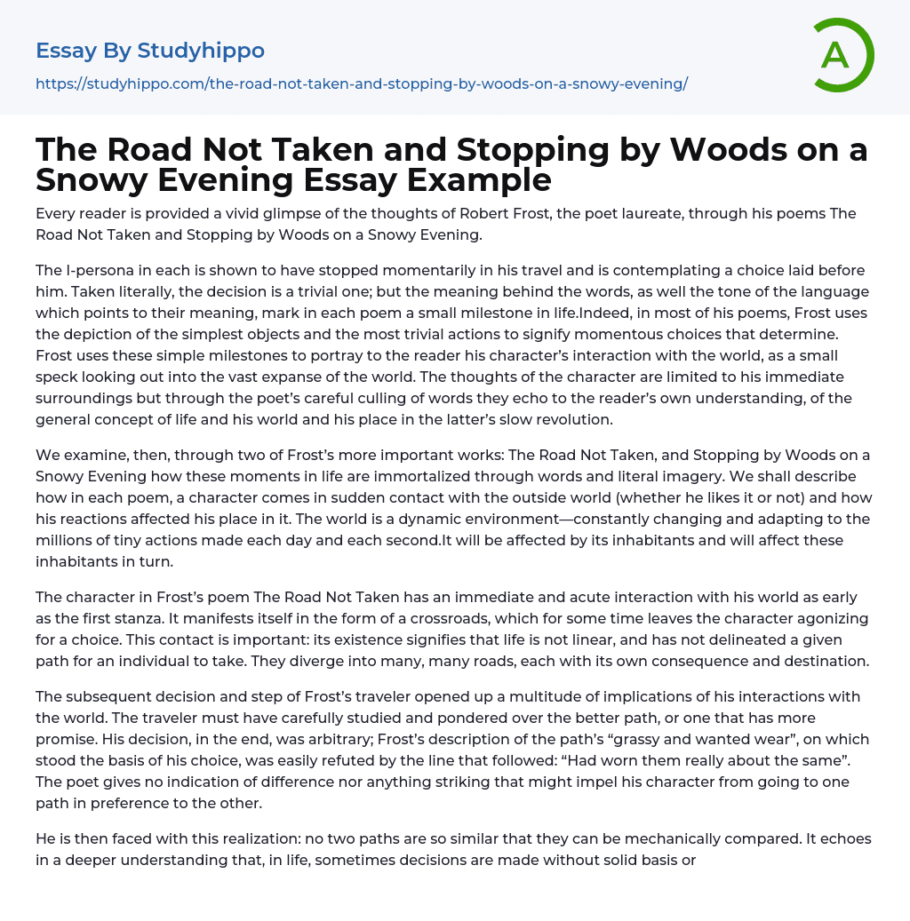The Road Not Taken and Stopping by Woods on a Snowy Evening Essay Example