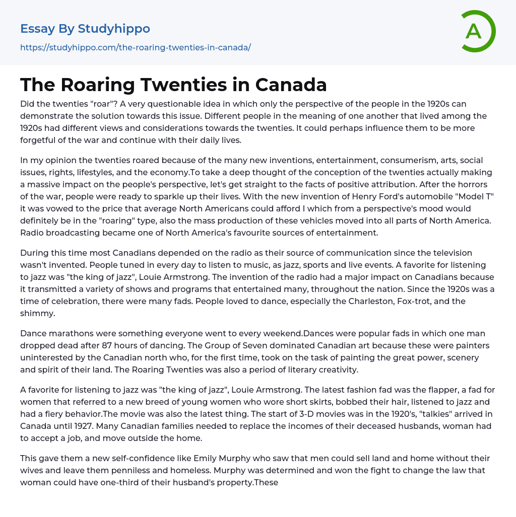 The Roaring Twenties in Canada Essay Example