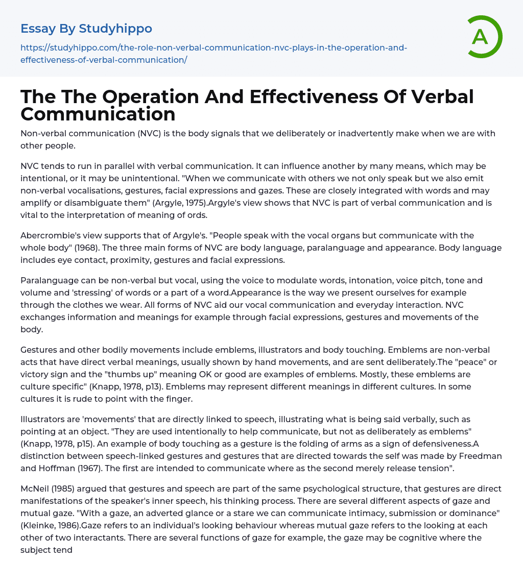 The The Operation And Effectiveness Of Verbal Communication Essay Example