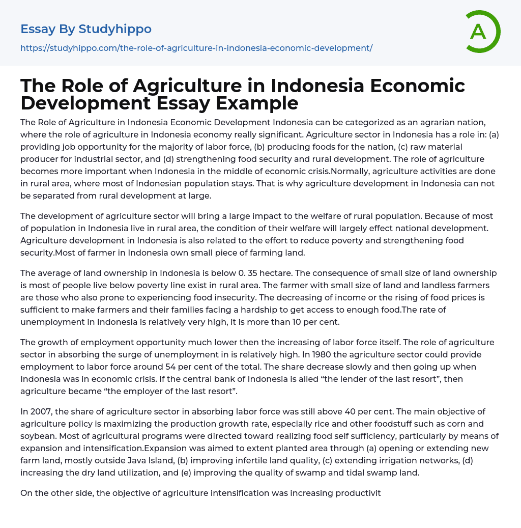 The Role of Agriculture in Indonesia Economic Development Essay Example