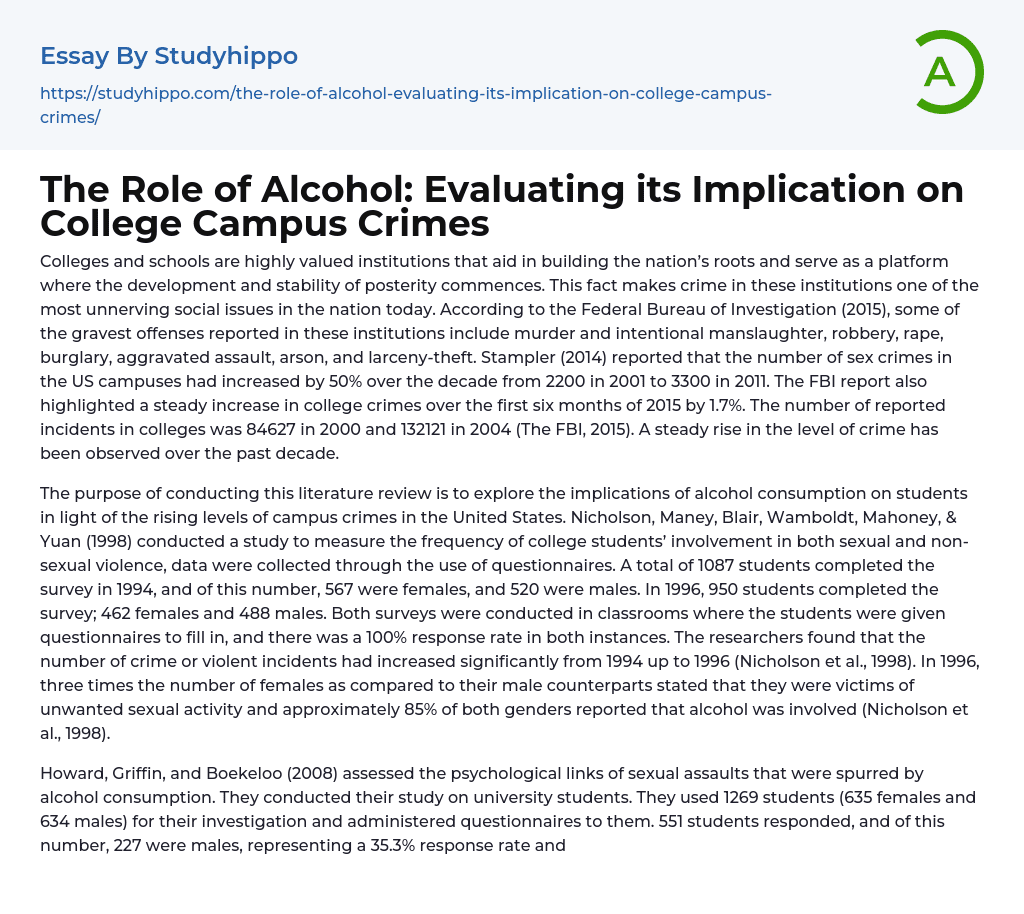 The Role of Alcohol: Evaluating its Implication on College Campus Crimes Essay Example