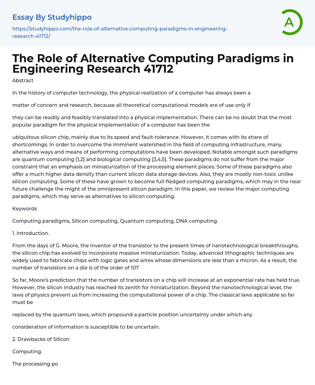 The Role of Alternative Computing Paradigms in Engineering Research 41712 Essay Example