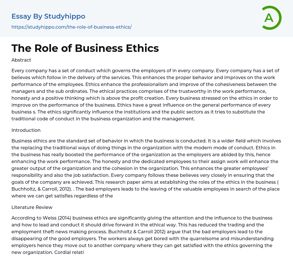 The Role of Business Ethics Essay Example